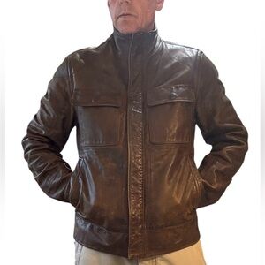 Vintage Y2K The GAP Men's Brown Leather Biker Motorcycle Style Jacket Small